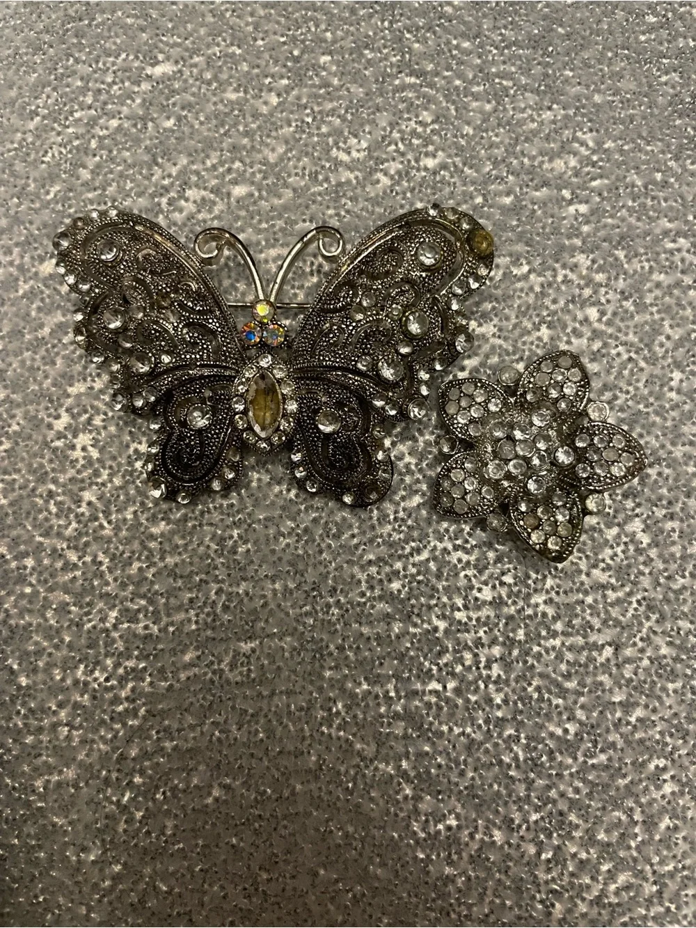 Crystal Butterfly and Flower Brooch Set - Silver Tone